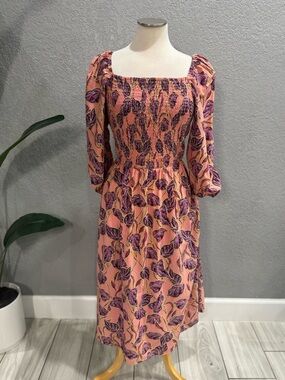 Time and Tru Peach Midi Dress with Purple Leaf Print